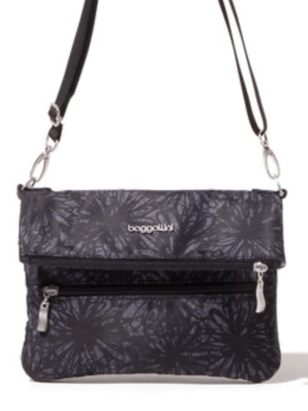 BAGGALLINI BLACK FLORAL FLIP ZIP CROSSBODY BAG